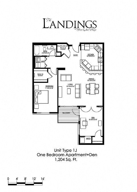 Floor plan for 1 bed, 1 bath, 1204 sqft
